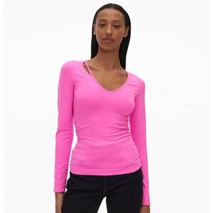 Helmut Lang Cutout Slash V-Neck Long Sleeve Top Shirt Disco Neon Pink M/L